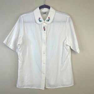 Vintage Peter Pan Collar Top Womens Large Twee Old Money Embroidered Work Blouse